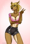 5_fingers anthro blonde_hair bottomwear breasts brown_body brown_fur brown_nose cleavage clothed clothing crop_top ear_piercing ear_ring female fingers fur gesture green_eyes hair hand_gesture humanoid_hands midriff multicolored_body multicolored_fur navel piercing ring_piercing shirt shorts simple_background solo tan_body tan_fur tongue tongue_out topwear two_tone_body two_tone_fur v_sign white_background carduelis samantha_(helios) cervine deer mammal 2022 absurd_res digital_media_(artwork) digital_painting_(artwork) hi_res portrait signature sketch three-quarter_portrait