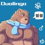 anthro bear brown_body brown_fur chinese_text cjk_character falstaff_(duolingo) fur jiangbingya male mammal scarf simple_background solo text