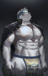 anthro asian_clothing bottomwear brown_body brown_fur brown_hair chest_tuft clothing coat_cape east_asian_clothing frown fur gakuran hair japanese_clothing japanese_school_uniform kerchief loincloth male muscular muscular_arms muscular_male muscular_thighs pecs school_uniform solo tuft uniform white_body white_fur white_hair yellow_eyes sv_grart lifewonders tokyo_afterschool_summoners horkeu_kamui_(tas) canid canine canis mammal wolf hi_res