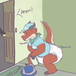 anthro bodily_noises clothed clothing crouching delivery_(commerce) delivery_employee diaper feces male pooping postal_carrier postal_delivery soiled_diaper soiling soiling_diaper text unclean_diaper used_diaper using_diaper wearing_diaper sly_the_space_otter_(artist) mythology dragon mythological_creature mythological_scalie scalie 1:1 english_text hi_res