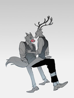 anthro anthro_on_anthro antlers arms_tied bdsm biped bottomwear bound clothed clothing duo eye_contact footwear fully_clothed hand_on_chest hands_behind_back horn interspecies legs_tied looking_at_another looking_at_partner male male/male male_on_bottom male_on_top muzzle_(object) muzzled on_bottom on_lap on_top pants predator/prey romantic romantic_couple shirt shoes simple_background sitting suit topwear vest white_background toi139 beastars legoshi_(beastars) louis_(beastars) canid canine canis cervine deer mammal red_deer wolf 2019 3:4 hi_res monochrome sketch