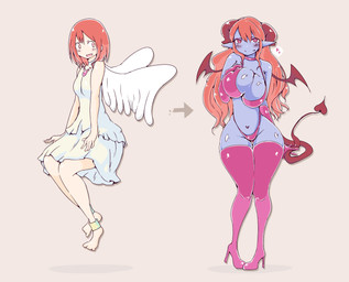 barefoot before_and_after big_breasts blush boots breast_expansion breasts choker clothing corruption dress expansion feathered_wings feathers feet female footwear hair hand_on_breast heart_(marking) heart_symbol high_heeled_boots high_heels horn humanoid_pointy_ears jewelry legwear long_hair looking_at_viewer markings necklace not_furry open_mouth pointy_ears red_eyes red_hair shoes simple_background smile solo spade_tail species_transformation tail thigh_boots thigh_highs transformation wide_hips wings izumi_(artist) angel angel_humanoid demon demon_humanoid horned_humanoid humanoid winged_humanoid 2015