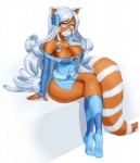 anthro bare_shoulders belt big_breasts biped blind boots breasts brown_body brown_fur cleavage clothed clothing crossed_legs curvy_figure disability dress female fluffy fluffy_tail footwear fur hair long_hair looking_at_viewer shoes simple_background sitting skimpy smile solo stripes tail thick_thighs tight_clothing voluptuous white_background white_hair dstears aurora_(moochiinlove) ailurid mammal red_panda