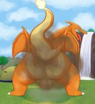 absurd_res anthro anus balls bedroom_eyes big_butt blue_eyes butt camp charizard cloud day detailed_background fart fart_cloud fart_fetish farting_at_viewer fire generation_1_pokemon genitals grass hi_res kiffy_(artist) looking_at_viewer looking_back looking_pleasured male male_farting mountain musk musk_clouds narrowed_eyes nintendo orange_body outside ozzyalienartist plant pokemon pokemon_(species) pokemon_camp presenting presenting_anus rock seductive shrub solo spread_anus spread_butt spreading thick_thighs tongue tongue_out tree water waterfall wings yellow_body