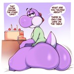 anthro big_butt bottomless butt cake clothed clothing dessert dialogue food huge_butt looking_at_viewer looking_back male solo talking_to_viewer text saltyxodium mario_bros nintendo purps purple_yoshi yoshi 1:1 2022 absurd_res english_text hi_res