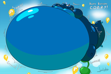 air_inflation belly belly_expansion big_belly big_cheeks big_moobs big_tail birthday black_outline black_text blue_body body_inflation cheek_expansion expansion glistening glistening_belly glistening_body happy_birthday heart_symbol hose hose_in_butt hose_inflation huge_belly huge_cheeks huge_moobs huge_tail hyper hyper_belly hyper_cheeks hyper_inflation hyper_moobs hyper_tail immobile inflation midair moob_expansion moobs motion_lines onomatopoeia outline pink_heart power_balloon puffed_cheeks sky solo sound_effects spherical_inflation swelling tail tail_expansion text tube_bulge white_text justydia mario_bros nintendo cozzy_(character) 2026 dated hi_res signature