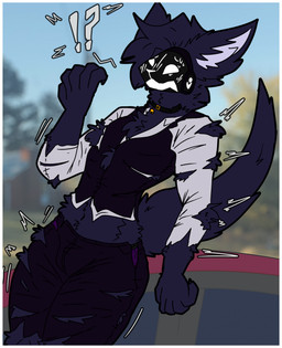 5_fingers anthro bell_choker body_size_growth border bottomwear car clothed clothing eyebrows fingers frown fur interrobang machine male open_frown open_mouth pants purple_body purple_bottomwear purple_clothing purple_fur purple_pants purple_topwear purple_vest raised_inner_eyebrows raised_tail size_transformation solo tail topwear torn_clothing transformation undersized_clothing vehicle vest wardrobe_malfunction white_border white_dress_shirt worried misty_bun jingles_(velvetbutfreaky) protogen digital_drawing_(artwork) digital_media_(artwork) hi_res