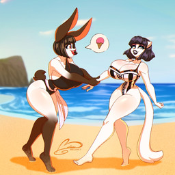 anthro barefoot beach big_breasts black_fur_markings black_hair blue_eyes breasts choker clothing duo feet female fur hair huge_breasts jewelry necklace one-piece_swimsuit rabbit_ears red_eyes sand short_hair swimwear tail waist_wrap white_body white_fur ooo-belise-ooo eva_stelida taylor_lagarian american_mink himalayan_rabbit mammal mink mustelid musteline neovison true_musteline 1:1 watermark