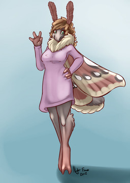 antennae_(anatomy) anthro arthropod_abdomen barefoot biped black_body black_fur blue_background breasts brown_hair claws clothed clothing dress feet female fur gesture green_eyes hair hand_on_hip insect_wings looking_at_viewer non-mammal_breasts simple_background solo text toe_claws tuft waving white_body white_fur wings nightfaux arthropod insect lepidopteran moth 2012 digital_media_(artwork) english_text hi_res signature