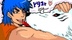 ambiguous_gender blue_hair cloth duo feral fur hair heart_symbol male simple_background size_difference white_background white_body white_fur unknown_artist toriko_(series) terry_cloth toriko battle_wolf canid canine canis human mammal wolf