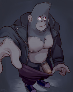 5_fingers anthro balls biped bottomwear bottomwear_pull camera_view clothed clothing clothing_pull erection fingers footwear foreshortening foreskin genitals glans high-angle_view humanoid_genitalia humanoid_hands humanoid_penis jacket long_sleeves looking_aside looking_away male musclegut muscular muscular_anthro muscular_male nipples no_underwear open_clothing open_jacket open_shirt open_topwear pants pants_pull partially_retracted_foreskin pecs penis pose pubes reaching_towards_viewer selfie shirt shoes slightly_chubby sneakers solo standing teasing topwear glitter_trap_boy illumination_entertainment sing_(movie) johnny_(sing) ape gorilla haplorhine mammal primate full-length_portrait grey_theme hi_res portrait signature