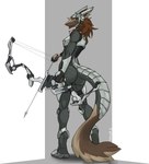 anthro armor arrow_(weapon) bodysuit bow_(weapon) brown_body brown_fur butt butt_pose clothing compound_bow female fur hair pose ranged_weapon red_eyes red_hair science_fiction skinsuit solo tail tight_clothing weapon linuell taryn_arkayla sergal hi_res