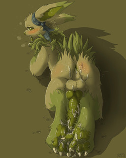 after_anal after_sex all_fours anthro arm_tuft balls blue_kerchief blush bodily_fluids breath butt claws cum cum_from_ass cum_in_ass cum_inside cum_on_balls cum_on_butt cum_on_feet cum_on_penis dipstick_ears ear_markings elbow_tuft feet foot_focus genital_fluids genitals gloves_(marking) green_eyes green_inner_ear kerchief knot knotted_penis lidded_eyes looking_at_viewer looking_back looking_back_at_viewer male markings multicolored_ears narrowed_eyebrows nude open_mouth penis penis_backwards reddened_butt simple_background solo tan_background toe_claws tongue tongue_out tuft white_claws qrnrr nintendo pokemon keele_(keelejolt) eeveelution generation_1_pokemon jolteon pokemon_(species) shiny_pokemon hi_res