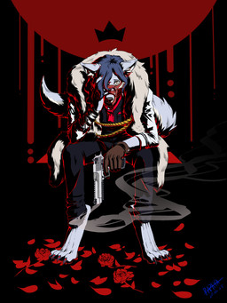 abstract_background anthro black_bottomwear black_clothing black_pants black_topwear bottomwear brown_clothing brown_gloves brown_handwear cheek_tuft clothed clothing facial_tuft front_view fur glistening glistening_eyes gloves grey_body grey_clothing grey_fur grey_jacket grey_topwear gun handwear jacket male muzzle_(object) muzzled pants ranged_weapon sitting smoke solo topwear tuft weapon white_body white_fur yellow_eyes papayafurry canid mammal 2020 3:4 absurd_res dated full-length_portrait hi_res portrait signature