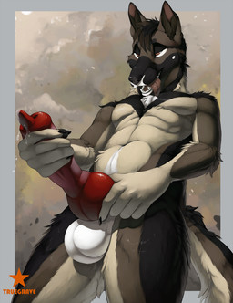5_fingers abs anatomically_correct animal_genitalia animal_penis anthro arm_tuft athletic athletic_anthro athletic_male balls big_knot big_penis biped black_body black_fur black_nose bodily_fluids brown_body brown_fur brown_hair canine_genitalia canine_penis claws countershade_arms countershade_legs countershade_torso countershading elbow_tuft erection finger_claws fingers fur genital_fluids genitals hair holding_knot holding_own_knot holding_own_penis holding_penis knot looking_at_genitalia looking_at_own_penis looking_at_penis looking_at_self male masturbation multicolored_body multicolored_fur navel nude open_mouth penis pose precum red_penis sharp_teeth solo tan_body tan_countershading tan_fur teeth tongue tongue_out tuft white_balls white_body white_fur truegrave9 spudz canid canine canis domestic_dog german_shepherd herding_dog mammal pastoral_dog digital_media_(artwork) hi_res