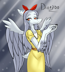 abstract_background amber_eyes anthro arm_feathers blue_body bone_frill claws clothed clothed_anthro clothed_female clothing dress elbow_feathers feathered_wings feathers female finger_claws fingers frill_(anatomy) front_view furgonomics grey_body grey_feathers grey_hair hair humanoid_hands long_hair looking_at_viewer markings red_bow short_tail smile solo standing striped_markings stripes tail text wings yellow_clothing yellow_dress divardo_(artist) cavemanon_studios goodbye_volcano_high ko_op_(game_developer) snoot_game fang_(gvh) prehistoric_species pterosaur reptile scalie artist_name colored hi_res shaded