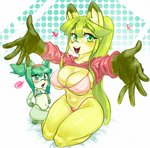 angry anthro big_breasts breasts cat_pepper clothed clothing duo felid feline female fur green_body green_fur green_hair hair hi_res inner_ear_fluff kimidori_(nakagami_takashi) long_hair mammal midori_(nakagami_takashi) open_mouth simple_background small_breasts thick_thighs tuft yellow_body yellow_fur