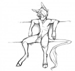 animal_genitalia anthro balls biped genitals hooves horn male sheath sitting solo spread_legs spreading tail tail_tuft tuft dogrot mythology equid equine mammal mythological_creature mythological_equine unicorn greyscale hi_res monochrome sketch source_request