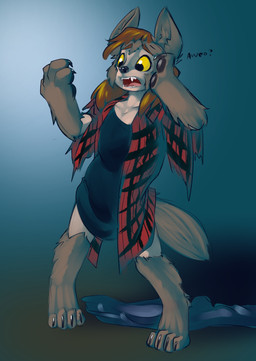 anthro black_eyes black_nose brown_hair clothing female hair open_mouth pawpads plaid shirt shrinking size_transformation solo standing surprised topwear transformation yellow_sclera young halcy0n mythology canid canine canis mammal mythological_canine mythological_creature werecanid werecanine werecreature werewolf wolf 2019 hi_res