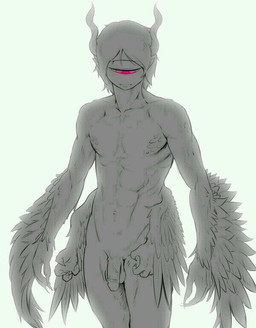 4_arms anthro balls biped feathered_wings feathers flaccid genitals hair horn humanoid_genitalia humanoid_penis male multi_arm multi_limb multi_wing nude penis purple_eyes simple_background solo wings kicktyan european_mythology greek_mythology mythology avian cyclops harpy mythological_avian mythological_creature greyscale monochrome spot_color