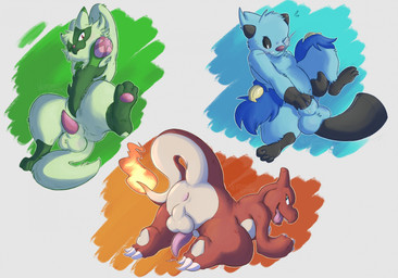 animal_genitalia anus armpit_hair backsack balls black_sclera blue_body blue_eyes blue_fur bodily_fluids body_hair butt claws clothing dipstick_ears ear_markings erection feet feral fingering fire flaming_tail footwear fur genital_fluids genitals green_body green_fur group leaking_precum leg_markings looking_at_viewer looking_back looking_back_at_viewer male markings multicolored_ears nude_male one_eye_closed pawpads pink_anus pink_pawpads pink_tongue precum presenting presenting_hindquarters raised_arms red_body red_eyes sheath sheath_fingering sheath_play socks socks_(marking) soles tail thick_thighs tongue trio whiskers white_body wide_hips verdantotter nintendo pokemon charmeleon dewott felid feline floragato generation_1_pokemon generation_5_pokemon generation_9_pokemon lizard mammal mustelid pokemon_(species) reptile scalie 2026 digital_drawing_(artwork) digital_media_(artwork) english_description hi_res
