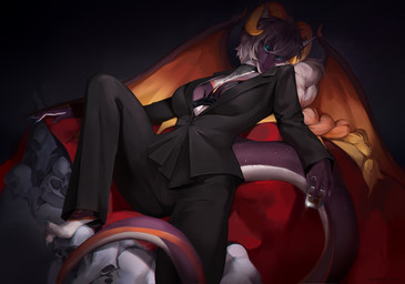 anthro biped bottomwear breasts claws clothed clothed_anthro clothed_female clothing feet female fingers fully_clothed fully_clothed_anthro fully_clothed_female hair horn looking_back lying on_back simple_background solo tail toes topwear wings mcrepsi mythology dragon mythological_creature mythological_scalie scalie 2026 digital_drawing_(artwork) digital_media_(artwork) hi_res
