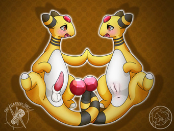 anus artpack balls bodily_fluids duo erection eye_contact female feral genital_fluids genitals looking_at_another male male/female male_feral open_mouth penis precum red_gem_in_body simple_background spreading tail tongue tongue_out vaginal_fluids vulva yellow_body jakuya_art nintendo pokemon ampharos generation_2_pokemon mammal pokemon_(species) 4:3 absurd_res hi_res