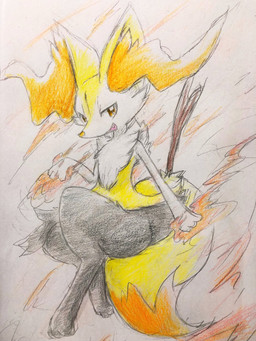ambiguous_anthro ambiguous_gender anthro biped cute_fangs digitigrade dipstick_tail elemental_manipulation fangs fire fire_manipulation flat_chested front_view looking_at_viewer markings object_in_tail open_mouth open_smile simple_background smile snout solo stick stick_in_tail tail tail_markings teeth three-quarter_view eiroru nintendo pokemon braixen canid generation_6_pokemon mammal pokemon_(species) 2018 3:4 colored_pencil_(artwork) full-length_portrait graphite_(artwork) hi_res portrait traditional_media_(artwork)