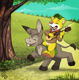 anthro black_hooves blue_sky bottomless brown_clothing brown_topwear clothed clothing day duo eyes_closed fangs featureless_crotch feral fur grass grey_body grey_fur hooves logo male open_mouth open_smile outside pawpads pink_nose pink_pawpads pink_tongue plant riding sitting sky smile teeth tongue topwear tree white_body white_fur yellow_body yellow_fur young young_anthro young_feral young_male pandapaco asinus bear donkey equid equine mammal artist_logo signature