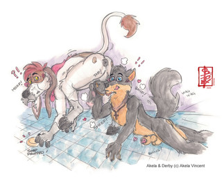 animal_genitalia anthro ball_sniffing balls derby_(akela) duo exclamation_point eyewear genitals glasses hooves jewelry kerchief knot_in_sheath leaning_over male male/male necklace paws presenting raised_tail scent sheath shower sniffing soap tail tail_motion tailwag text tile fennec_(artist) akela_vincent asinus canid canine canis domestic_dog donkey equid equine hybrid mammal wolf hi_res painting_(artwork) traditional_media_(artwork) watercolor_(artwork)