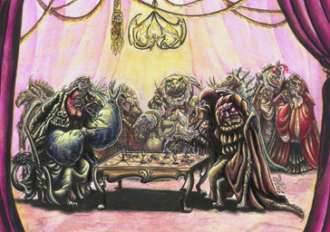 angry anthro barefoot beak board_game claws clothed clothing crowd curtains elderly fangs feet fully_clothed gown group inside match multi_limb ornate_furniture playing renaissance_clothing ruff_(clothing) smile teeth toe_claws skekla_(artist) the_dark_crystal skekayuk_the_gourmand skekekt_the_ornamentalist skekna_the_slave_master skekok_the_scroll_keeper skekshod_the_treasurer skeksil_the_chamberlain skekso_the_emperor skektek_the_scientist skekung_the_garthim_master skekzok_the_ritual_master alien skeksis english_description hi_res signature herm_(lore)