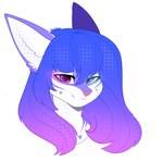 anthro blue_horn female fur glowing glowing_eyes gradient_hair green_eyes hair heart_(marking) heart_symbol heterochromia horn inner_ear_fluff looking_at_viewer markings purple_body purple_eyes purple_fur purple_hair smug solo tuft white_body white_fur alphadesu vivian_(mavis_delcat) canid canine fox mammal hi_res