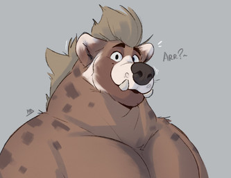 anthro black_nose brown_body brown_fur brown_hair fur fur_markings grey_background hair looking_at_viewer male markings simple_background solo tusks white_body white_fur minedoo minedoo_(character) gnoll hyena mammal spotted_hyena 2021 hi_res