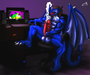 abs anal anal_penetration animal_genitalia anthro athletic backsack balls biceps big_balls big_muscles big_penis biped blue_body blue_eyes blue_skin bodily_fluids breaking brown_hair butt claws computer computer_keyboard cum cum_in_ass cum_inside cum_on_chest cum_on_face cum_on_own_face cum_on_self cumshot desk ejaculation electronics erection excessive_cum excessive_genital_fluids faceless_character faceless_male fangs from_behind_position furniture genital_fluids genitals hair holding_own_penis holding_penis horn huge_penis humanoid_genitalia humanoid_penis keyboard leaking looking_at_porn male masturbation membrane_(anatomy) membranous_wings messy monitor muscular muscular_male non-mammal_balls nude open_mouth orgasm pecs penetration penile penile_masturbation penis pornography raised_leg red_penis scales sex sheath sitting solo speaker spread_legs spreading table tail teeth toe_claws tongue tongue_out vein wings modem_redpill mythology tamas dragon mythological_creature mythological_scalie reptile scalie digital_media_(artwork) signature