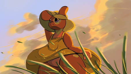 ambiguous_gender anthro billowing_dress bottomless bottomless_ambiguous bottomless_anthro clothed clothing dress featureless_crotch field grass grass_field hat headgear headwear low-angle_view navel orange_body orange_skin plant purple_eyes semi-anthro sky solo standing sun_hat sundress wind worm's-eye_view cutie_clanket rain_world videocult cutie_clover slugcat 16:9 hi_res widescreen male_(lore)