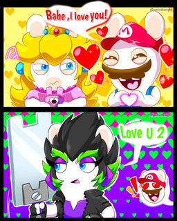 2_panel_comic amethyst_(gem) annoyed anthro black_border black_clothing black_hair black_handwear black_jacket black_mittens black_topwear blonde_hair blue_clothing blue_ear_piercing blue_eyes blue_overalls blue_pupils border brown_facial_hair brown_mustache buckteeth button_(fastener) cellphone clothed clothed_anthro clothed_female clothed_male clothing crown dialogue ear_piercing electronics exclamation_point eyebrows eyelashes eyes_closed facial_hair female female_anthro fur gem gesture green_eyebrows green_hair group hair handwear happy hat headgear headwear heart_eyes heart_gesture heart_symbol hearts_around_head holding_cellphone holding_melee_weapon holding_object holding_phone holding_sword holding_weapon jacket light long_ears long_eyelashes long_hair looking_at_another love male male_anthro melee_weapon mitten_hands mittens multicolored_body multicolored_hair mustache narrowed_eyes no_eyebrows noseless number open_mouth open_smile overalls phone piercing pink_clothing pink_shirt pink_tongue pink_topwear pupils purple_eyelids red_clothing red_eyes red_hat red_headwear ruby_(gem) sapphire_(gem) shirt shirtless_anthro shirtless_male short_hair smile sparkles speech_bubble squint sword tan_eyelids tan_inner_ear teeth text thick_eyebrows tongue topwear trio two_tone_body two_tone_hair weapon white_body white_fur yelling jooniethenight mario_bros mario_plus_rabbids_kingdom_battle mario_plus_rabbids_sparks_of_hope nintendo raving_rabbids rayman_(series) ubisoft edge_(mario_plus_rabbids) rabbid_mario rabbid_peach lagomorph mammal rabbid 2023 artist_name colored comic crossover digital_media_(artwork) english_description english_text lighting shaded