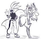 anthro big_butt big_tail breasts butt clothing cosplay costume duo female female/female gesture hand_gesture hero looking_at_viewer middle_finger pose simple_background tail thick_thighs white_background l0ad1ng idw_publishing my_hero_academia sega sonic_the_hedgehog_(comics) sonic_the_hedgehog_(idw) sonic_the_hedgehog_(series) furr_oritsu mt._lady surge_the_tenrec canid canine fox human mammal 2024 digital_media_(artwork) hi_res sketch