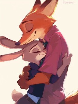 anthro arm_tuft black_nose closed_smile clothed clothed_anthro clothed_female clothed_male clothing countershade_face countershade_neck countershading dipstick_ears duo ear_markings elbow_tuft eyebrows eyelashes eyes_closed female female_anthro fully_clothed fully_clothed_anthro fully_clothed_female fully_clothed_male fur grey_body grey_fur happy hug larger_male male male/female male_anthro mouth_closed multicolored_body multicolored_ears necktie orange_body orange_fur philtrum pink_nose short_tail simple_background size_difference smaller_female smile snout tail text tuft twitter_handle two_tone_body white_background white_body white_countershading tomoe00022 disney zootopia judy_hopps nick_wilde canid canine european_rabbit fox lagomorph leporid mammal oryctolagus rabbit red_fox true_fox 2025 artist_name hi_res