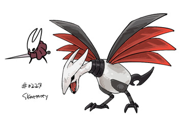 2_horns ambiguous_gender biped black_eyes black_text cloak clothed clothing empty_eyes feet feral horn melee_weapon open_mouth sharp_teeth simple_background solo standing tail talons teeth text toes tongue weapon white_background wings aaasakawa hollow_knight_(franchise) nintendo pokemon team_cherry hornet_(hollow_knight) arthropod avian generation_2_pokemon pokemon_(species) skarmory 2026 crossover english_text hi_res