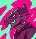 anthro clothed clothing eyewear glasses hoodie horn male open_mouth purple_background purple_body purple_scales scales simple_background solo teal_background teal_eyes text topwear itswolven mythology vynn_(itswolven) dragon mythological_creature mythological_scalie scalie 2019 english_text signature