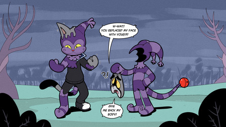 anthro bell_tail confusion dialogue disembodied_face duo faceless faceless_anthro faceless_character fur grass grey_body grey_fur mid_transformation pinata plant purple_body question_mark speech_bubble transformation tree twinning yellow_sclera trevor-fox animate_inanimate living_pinata mammal procyonid raccoon 16:9 hi_res widescreen