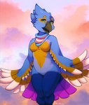 anthro beak blue_body blue_feathers breasts eye_markings eyebrows eyelashes feathers featureless_breasts featureless_crotch female green_eyes grey_beak kerchief lgbt_pride looking_at_viewer markings multicolored_body neckwear non-mammal_breasts nude open_mouth open_smile orange_markings pride_colors purple_markings sky skyscape smile solo tail tail_feathers transgender_pride_colors white_markings wide_hips winged_arms wings noviraine breezy_(bluebirdbreeze) avian bird 2025 digital_media_(artwork) signature trans_(lore) trans_woman_(lore)