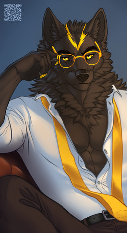 5_fingers accessory anthro black_body black_bottomwear black_clothing black_eyebrows black_fur black_nose black_pants bottomwear claws clothed clothing eyebrows eyewear fingers front_view fur glasses looking_at_viewer male male_anthro markings necktie open_clothing open_shirt open_topwear pants shirt sitting solo topwear wearing_glasses yellow_claws yellow_eyes yellow_eyewear yellow_glasses yellow_markings fleki canid canine canis mammal wolf colored digital_drawing_(artwork) digital_media_(artwork) hi_res shaded
