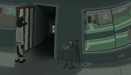 anthro black_body black_clothing black_footwear black_fur black_shoes bottomwear bowl building clothing container detailed_background door fence footwear fur grass grey_clothing grey_shirt grey_topwear house inside male pants plant shirt shoes solo surrealism tan_bottomwear tan_clothing tan_pants topwear window demensa canid canine mammal 2022 digital_media_(artwork) hi_res pixel_(artwork)