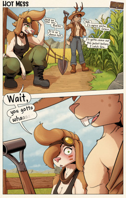 2_horns 5_fingers accent anthro antlers areola biped black_boots black_clothing black_footwear black_shirt black_tank_top black_text black_topwear blue_bottomwear blue_clothing blue_jeans blue_pants blue_sky blush boots bottomwear breasts brown_antlers brown_body brown_boots brown_clothing brown_eyebrows brown_eyes brown_eyewear brown_footwear brown_fur brown_gloves brown_goggles brown_hair brown_handwear brown_horn brown_shirt brown_topwear buckteeth cheek_tuft cleavage clothed clothed_anthro clothed_female clothed_male clothing cloud collarbone collared_shirt corn crouching day denim denim_bottomwear denim_clothing depth_of_field dialogue dress_shirt duo eyebrows eyelashes eyewear eyewear_on_head facial_tuft farm farmer female female_anthro fence field fingers floppy_ears food footwear freckled_face freckles fur furgonomic_hat furgonomic_headwear furgonomics gloves goggles goggles_on_head grass green_bottomwear green_clothing green_eyes green_pants grey_body grey_ears grey_fur hair handwear hat headgear headwear heat_(temperature) holding_object holding_shovel holding_tool horn jeans logo looking_aside looking_at_chest looking_down male male_anthro medium_breasts multicolored_body multicolored_fur nipples open_clothing open_mouth open_shirt open_topwear outside pants path pink_areola pink_inner_ear pink_nipples pink_nose pink_tongue plant plantigrade pouch_(clothing) pupils rock rolled_up_sleeves shirt shoes short_hair short_tail shovel sky snout speech_bubble standing straw_hat tail talking_to_another tan_hat tan_headwear tank_top teeth text tongue tools topwear tuft two_tone_body two_tone_fur undressing wheat white_body white_fur white_tail wide_eyed wood wood_fence posspowered barnaby_goode_(posspowered) grace_linde_(posspowered) canid canine canis domestic_dog foxhound hunting_dog jackalope lagomorph mammal scent_hound 2025 absurd_res artist_logo comic english_text hi_res