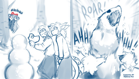 anthro biped bottomwear clothed clothed_anthro clothed_female clothing female fully_clothed fully_clothed_anthro fully_clothed_female fur group hair head_bow hiding hiding_behind_tree holding_mask laugh markings outside plant roaring scared smile snow spots spotted_body spotted_fur spotted_markings spotted_tail standing tail tail_markings topwear tree trio conditional_dnp tom_fischbach twokinds madelyn_adelaide maeve_riftwall vanity_(twokinds) animate_inanimate basitin canid canine elemental_creature felid fox keidran living_snowman mammal mineral_fauna pantherine snow_creature snow_leopard 2026 7:4 comic hi_res monochrome sketch spot_color