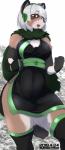 anthro big_breasts black_body black_fur black_nose blue_eyes blush breasts brown_body brown_fur clothed clothing dress female fur hair leaf looking_at_viewer open_mouth short_hair smile solo standing text thick_thighs tongue white_hair wide_hips buried_frog canid canine mammal raccoon_dog tanuki 2018 absurd_res english_text hi_res