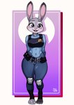 3_toes abs anthro badge belt blush bottomwear clothing crop_top feet female fur grey_body grey_fur hands_behind_back knee_pads navel pants police police_uniform purple_eyes shirt smile smiling_at_viewer solo thick_thighs toes topwear uniform gravydood disney zootopia judy_hopps lagomorph leporid mammal rabbit absurd_res hi_res