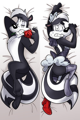 3_toes 4_fingers accessory anthro beckoning bed bedroom_eyes black_body black_fur blush bodily_fluids body_pillow bow_accessory butt clothed clothing corset crossdressing dakimakura ears_down embarrassed feet fingers flirting_look flower flower_in_mouth footwear fur furniture gesture headband high_heels legwear lingerie maid_uniform male narrowed_eyes nude on_bed pillow pivoted_ears plant raised_leg red_clothing red_footwear red_high_heels rose_(flower) rose_in_mouth seductive shoes solo stockings sweat sweaty_face toes topwear uniform white_bed_sheet white_body white_fur jusrhkuhoh looney_tunes warner_brothers pepe_le_pew mammal mephitid skunk dakimakura_design hi_res