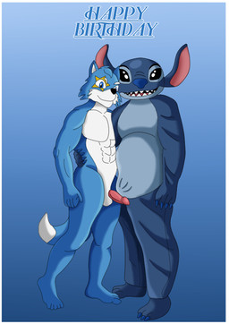 ball birthday black_nose blue_background blue_body blue_eyes blue_fur blue_hair duo fur genitals hair male male/male mascot mascot_costume penis pink_penis simple_background tail white_body ciel-wolf disney lilo_and_stitch stitch_(lilo_and_stitch) alien alien_humanoid canid canine canis humanoid mammal wolf